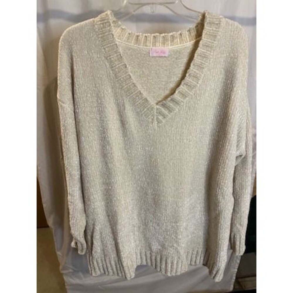 Pink Lily Ivory Chenille V-Neck Sweater Women’s Size Large